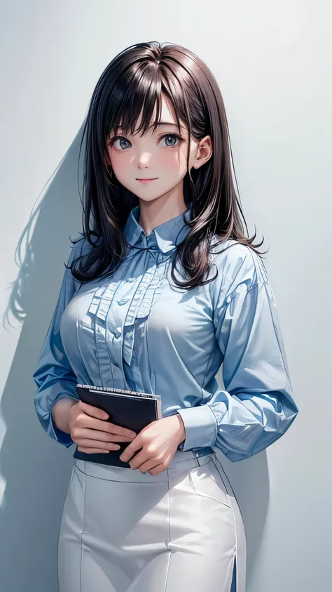 (((Pure white wall background)))、(((8K、Highest image quality)))、(((I&#39;m a secretary)))、(((I have a notebook)))、(((I have medium hair)))、I&#39;m smiling、(((Wearing a light blue blouse)))、I have black hair、Are standing