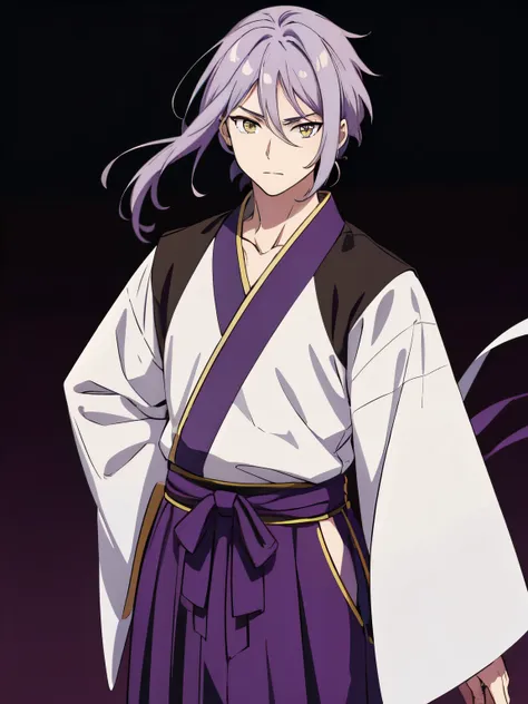 masterpiece, best quality, highres, anime, male, 1man, purple hair, tied hair, hakama, yellow eyes, lanlingwang, neutral face, simple background