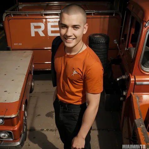 man with buzz cut hair, short hair, standing in front of a red truck, Manurios, orange rex county, album art, studio photo, from above, camera 0.5, Declan McKenna, taken in early 2005, smiling slightly , photography by Adrian Martin, beast lord, smiling sl...