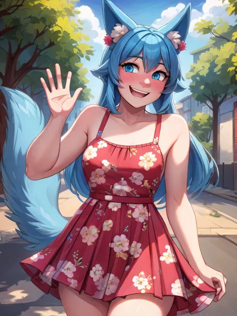 (Masterpiece) (High Detail) (High Res) A close up of a Short slim Humanoid Girl with pale human skin and blue eyes and long blue hair and blue dog ears and a fluffy blue dog tail and medium breasts. She is wearing a floral patterned pleated summer dress an...