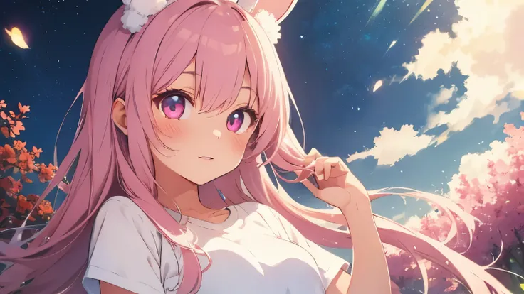 beautiful illustrations, highest quality, pretty girl, pastel colour, fluffy rabbit ears, pink long hair,light pink eyes,white t-shirt,Shorts