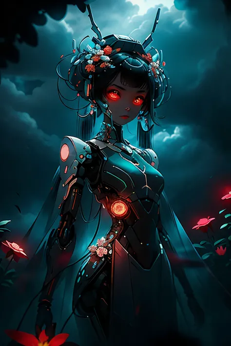 A realistic black-colored female robot with profoundly expressive red glowing eyes stands serene in the midst of a mesmerizing garden, adorned with vibrant blue flowers. The flower petals around her gently sway in the breeze, creating a tranquil ambiance. ...