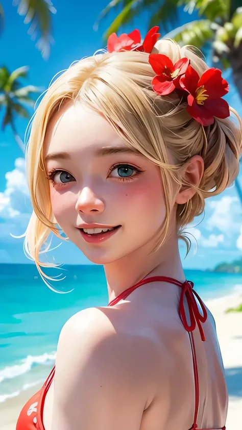 one girl、perfect anatomy、blonde hair、Random shortcuts、aggressive hairstyle、small face、、smile、realistic person々、super detailed、red bikini、flower hair ornament、blurred background、southern island、Palm tree、white sand beach、blue sea、Blue sky、White cloud、Cumulo...