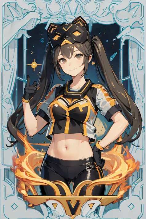 ip1, 1 girl, cat mask, crop top, tight pants, twin tails, short sleeve, gloves, tarot cards, black, small smile