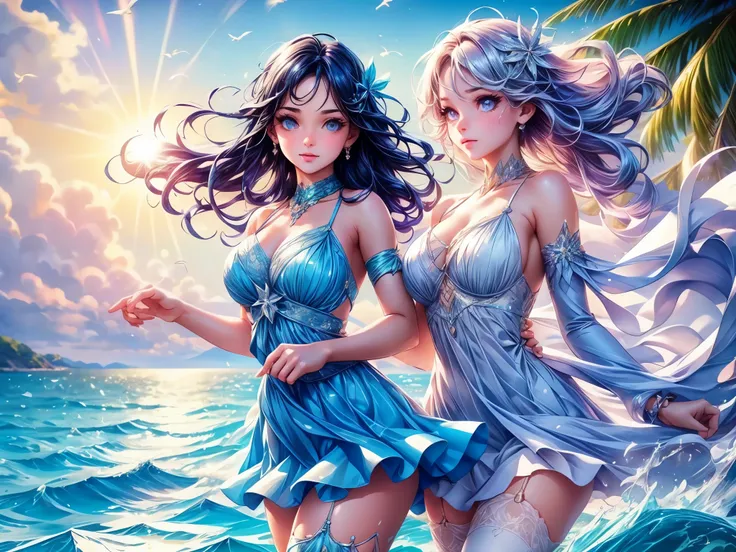 cute girls dancing on the sea surface,rainbow,sun shine,beautiful detailed eyes,beautiful detailed lips,extremely detailed eyes ...