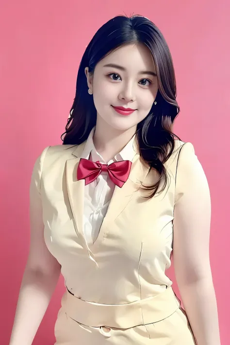 (top quality、8k、masterpiece:1.3))、30-year-old Korean woman，sharp focus, High level of image quality, high resolution，facial focus，Portrait ID photo，Upper body photo。Draw lips correctly, red lipstick，wear white shirt，red bow tie，red suit，Wearing red flowers...