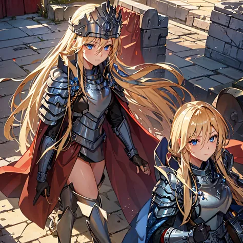 A woman with long blond hair, with blue eyes, wearing armor, wearing a centurions helm, with a red cape, outside a Roman colisseum

