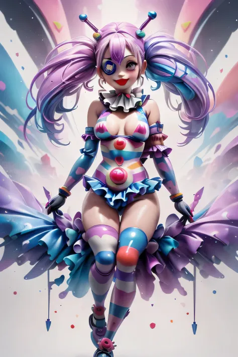 (colorful、most detailed 、highest quality, masterpiece, High resolution、smile、eye patch、A woman whose body is made of a machine.、alone)、(((Cute clown on the background)))、(((see the whole body)))、