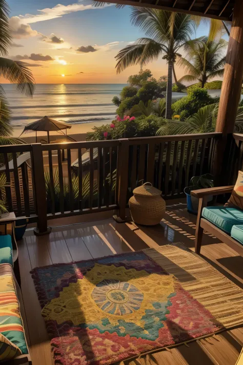 vista arafa de um deck com tapete e cadeiras com vista para o oceano, vibrant scenery, Golden Hour of Morning, Harsh morning light, com vista para o oceano, summer scenery, vista do oceano, luz solar da hora dourada, Sunset view, com vista para a praia, ra...