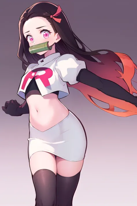 kamado nezuko, 1girl, bamboo, bit gag, brown hair, gag, gagged, gradient hair, hair ribbon, long hair, looking at viewer, multicolored hair, orange hair, pink eyes, pink ribbon, ribbon, solo,   ((masterpiece))  , team rocket,team rocket uniform, red letter...