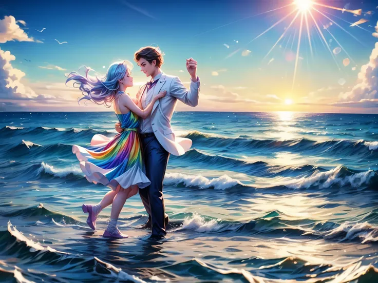 cute girls and gentleman, dancing on the sea surface, rainbow, sun shine