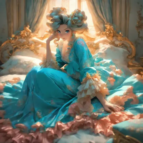 arafed woman in a blue dress sitting on a bed, a portrait by Galen Dara, trending on cg society, rococo, portrait shot, edited, dress in the style of rococo, fashion photograhy, wearing a nightgown, editorial fashion photography, wearing a luxurious silk r...