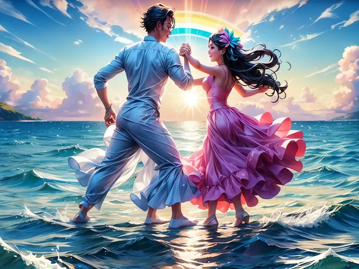 lovey dovely couple dancing on the sea surface, rainbow, sun shine