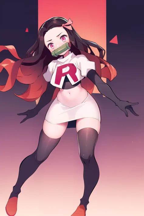 kamado nezuko, 1girl, bamboo, bit gag, brown hair, gag, gagged, gradient hair, hair ribbon, long hair, looking at viewer, multicolored hair, orange hair, pink eyes, pink ribbon, ribbon, solo,   ((masterpiece))  , team rocket,team rocket uniform, red letter...