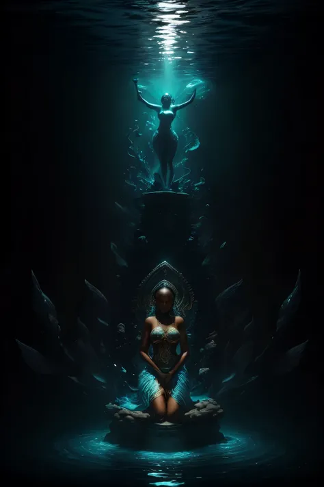 In the heart of an underwater realm, a breathtaking scene unfolds as a statue of a regal black woman takes center stage. Draped in intricately designed African beads, her figure exudes a sense of strength and resilience. With hands in prayer position, she ...