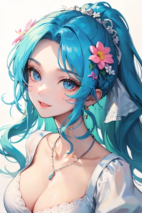 ​​masterpiece、high-quality、top-quality、(illustration)、Beautiful face、expressive eyes、hard disk、Perfect lighting、A detailed face、Detailed body、mature female、mature lady、solo、(A blue-haired)、long braided ponytail、long-wavy hair、 blue eyes、((white dress))、((f...