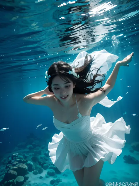 Ocean Dance，Bride and groom underwater in blue pool，veil fluttering, underwater photosgraphy, underwater photosgraph, floating under water, underwater photos, floating under the lake, Underwater shooting, under water swimming, submerged in water, Wearing c...