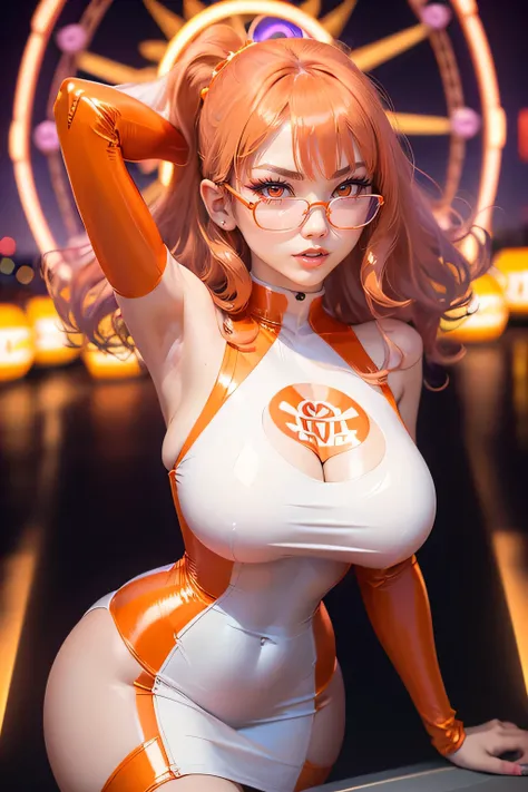 Chinese idol girl　mature woman　purple hair with bangs　wavy hair　Borderless glasses　big breasts　big breasts　Push your chest together to create cleavage　Big eyes　((bright red plump lips))　((Ferris wheel at night))　　((Racing model costume style bodycon dress、...