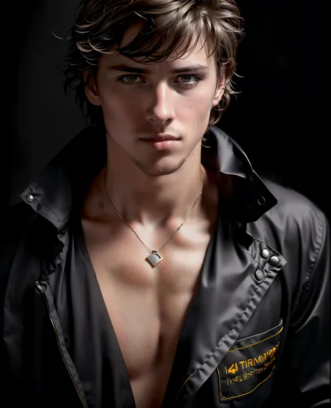 a winning photo (handsome man:1.1), detailed, Popular topics on ArtStation,black suit, auburn, brown eyes, Athletic body, messy hair, wet hair, Light long hair, necklace,20 years old, male, extreme reality, high quality, very detailed, dramatic lighting, d...