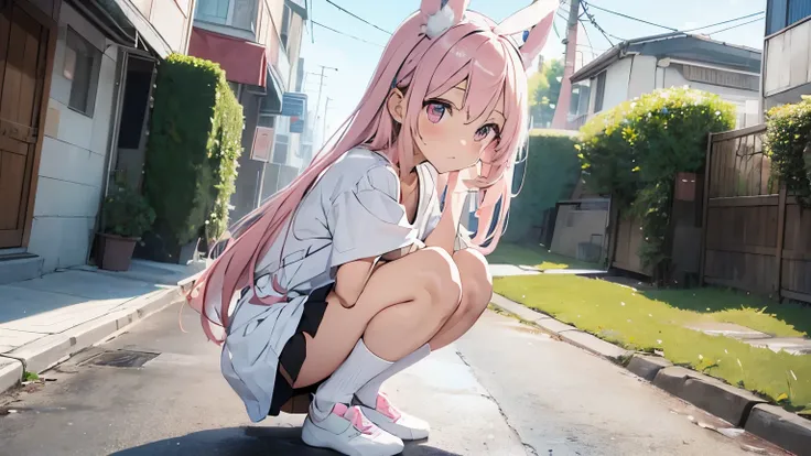 beautiful illustrations, highest quality, pretty girl, pastel colour, fluffy rabbit ears, pink long hair,light pink eyes , she is wearing a white miniskirt、He is wearing a long black T-shirt and socks.,squatting down