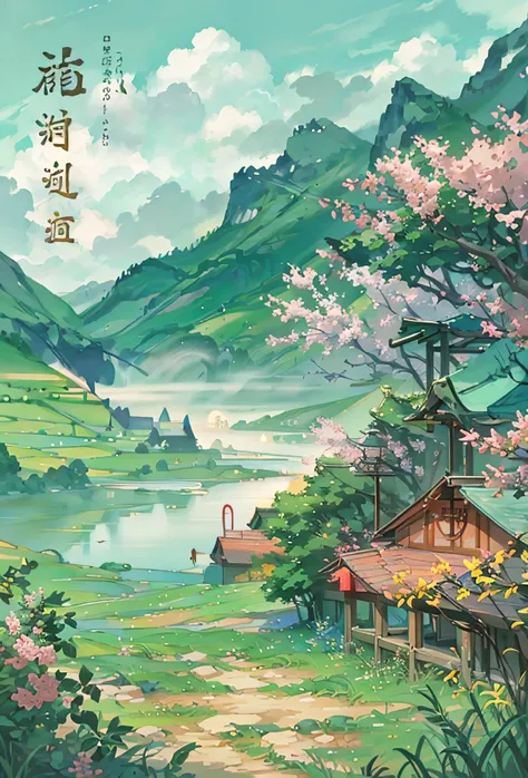 there is a painting，This painting is a bridge over a river，The background is a mountain, landscape artwork, Detailed Landscape - Width 672, Chinese watercolor style, Landscape art details, landscape wallpaper aesthetic, Chinese painting style, landscape wa...