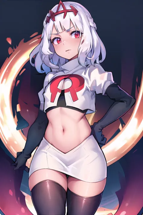 absurdres, 1girl, small breast, white hair, team rocket,team rocket uniform, red letter R, white skirt,white crop top,black thigh-highs,black elbow gloves
 