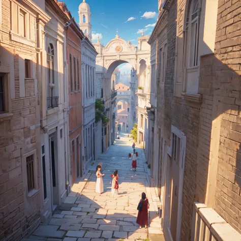 A large Roman city with white structure and red roofs.
