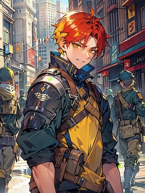 1male, Young Adult, Light Yellow Hair, Crimson Red Hair, Two Toned Hair, Short Hair, Yellow eyes, Disheveled Hair, Radiant, Smirk, Masculine, Beautiful Lighting, City, Military Combat Clothing , Black and Blue Clothing, Armored Clothing