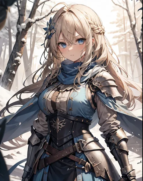 masterpiece, 1girl, sparrow, a blonde haired girl, wearing a blue medieval armored knight, curly long hair, messy hair, slim bod...