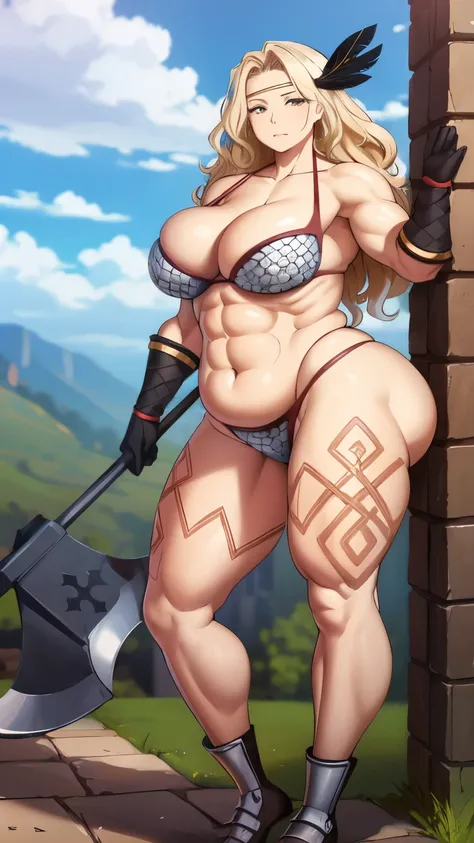 (masterpiece, highest quality:1.2), 1 girl, looking at the viewer, Amazon, dragon&#39;crown of, bikini armor, No expression, has a halberd,  bangle, muscular woman,  chest, black gloves, gloves, thighs, (thick thighs, big ass:1.1), tattoo, belly button, ob...