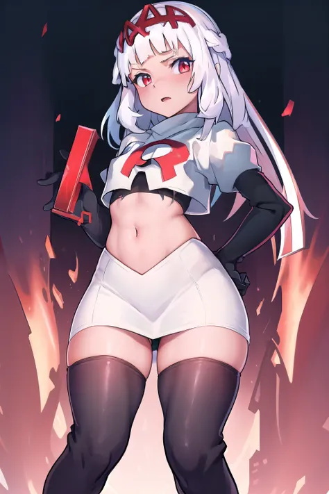 absurdres, 1girl, small breast, white hair, team rocket,team rocket uniform, red letter R, white skirt,white crop top,black thigh-highs,black elbow gloves
 