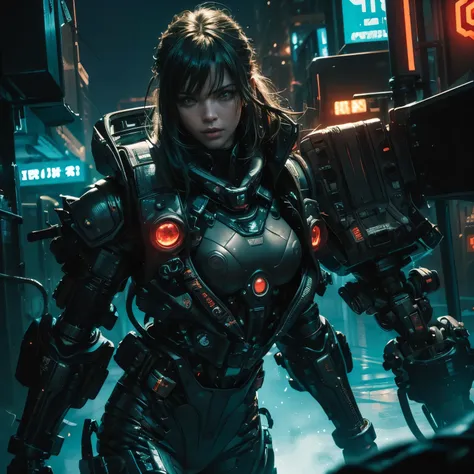 A  Linda, clad in a sturdy jacket, stands amidst the grinding gears of a cyberpunk night scene. Her long, flowing hair contrasts against the rigid machinery surrounding her. Machine arms with red and green lights pulsing intermittently form an intriguing b...