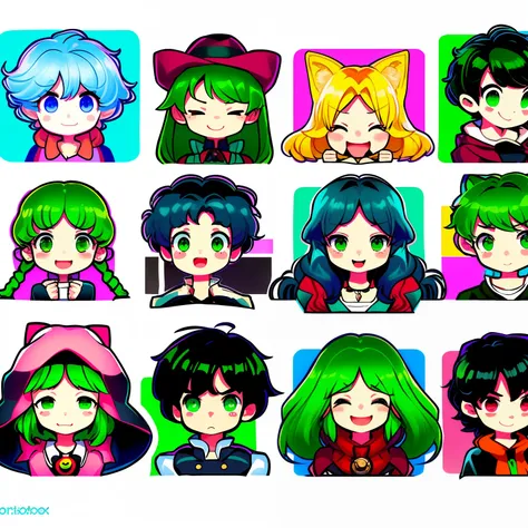 cute girls，Emoji pack，Cat ear，short hair，green hair，（16 emoticons，Emoji table，Alignment)，16 poses and expressions（funeral，consternation，Have fun，Excited，laughing out loud，Suspect，angry ，Touch your head，Acting cute, wait），Anthropomorphic style，，black featur...