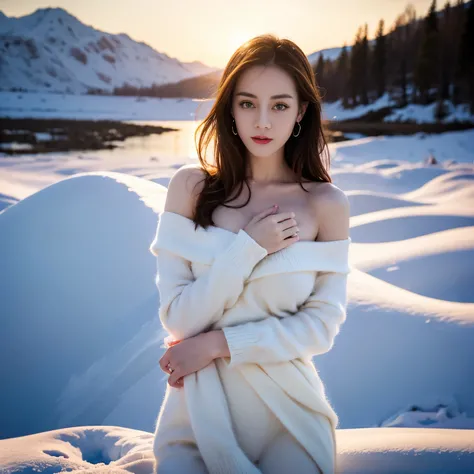 ((top quality、8k、​Masterpiece:1.3))、Extremely delicate and beautiful girl，full-body shot，huge breasts，bigger breasts，amazing breast size，G cup。Wear big earrings，Very white skin，moist red lips，Waist is very thin，Thighs are very thin，big butt，fair and smooth...