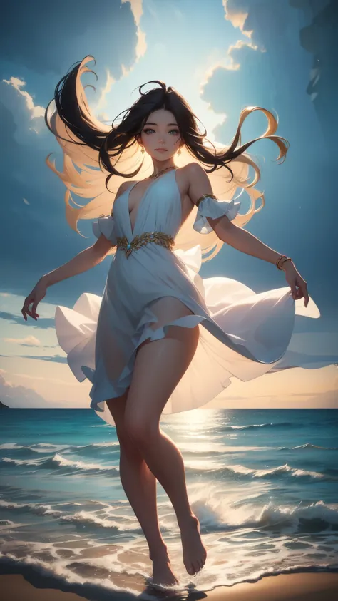 (best quality,4k,8k,highres,masterpiece:1.2),ultra-detailed,(realistic,photorealistic,photo-realistic:1.1),portraits,colorful,soft lighting,dreamy,flowing dress, smiling, (a girl Dancing on the Sea Surface), Dancing, full body, water reflections,emotion,gr...