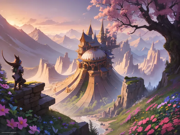 ((highest quality)),(ultra high resolution),(Super detailed),(detailed description),((best CG)),(best work of art),super precision art,amazing drawing art,(Fantasy art with precise details:1.5), A paradise where a wide variety of flowers bloom,distant moun...