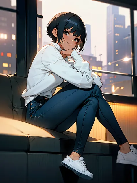 1girl, tan skin, short pixie cut black hair, black eyes, slim body, wearing a plain white sweater, wearing plain black jeans, wearing white sneakers, 8k, ultrasharp, high resolution, sitting down inside a cafe, smiling and looking at the window, viewing th...