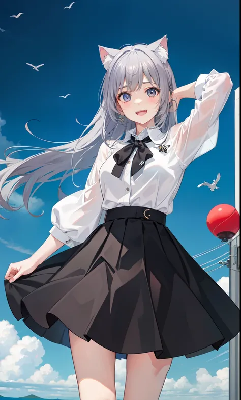 1 girl、laughter、shirt、blouse、skirt、（）I play、movement、（gray hair）、Cat ear、