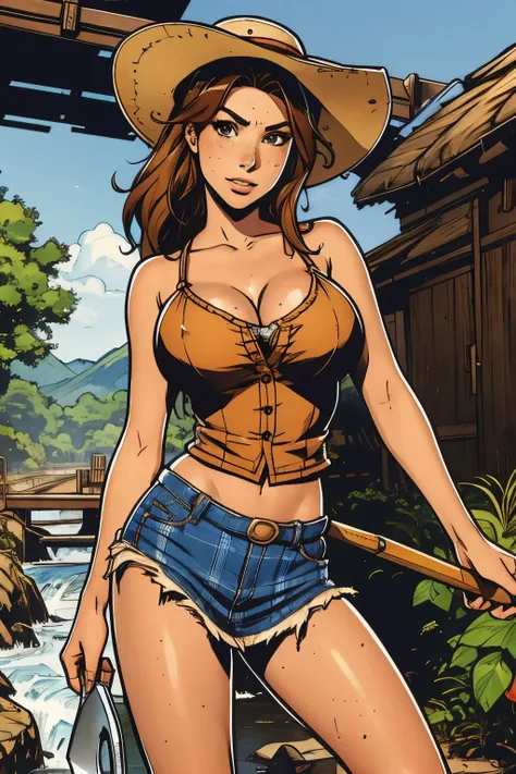 sexy mexican woman with freckles in flannel shirt and Cutoffs holding a garret super sluice and a shovel, seductive anime girl, extremely detailed artgerm, ig model | artgerm, beautiful alluring anime latin woman, Mexican woman, tan skin, wide brim hat