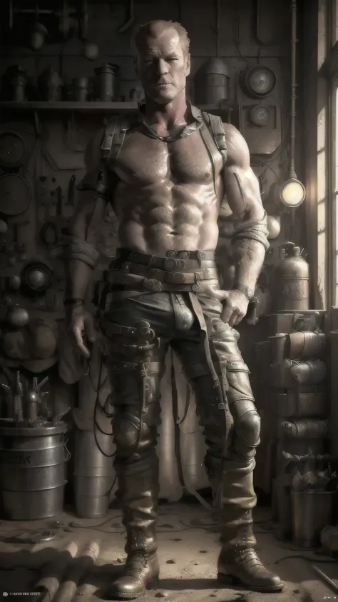 dieselpunkai, ((Iain Glen)) as j0rm0, ((naked torso)), pants, boots, (repairing a dieselpunk motorbike), (in a desert), 1man, solo, beautiful detailed glow, detailed, cinematic light, intricate detail, realistic, highres, detailed facial features, high det...