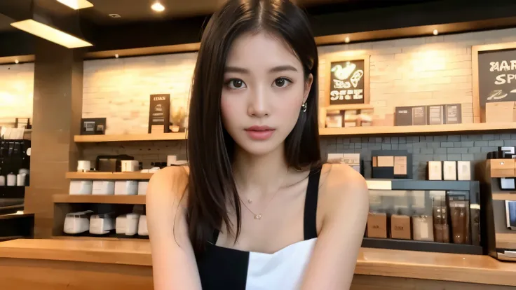 ((highest quality、8K、masterpiece:1.3))、sharp focus:1.2、Beautiful Japanese idol with perfect body:1.4、(Inside the Starbucks store:1.2)、Highly detailed face and skin texture、 detailed eye、double eyelid、tanned skin、tanned wheat-colored skin,