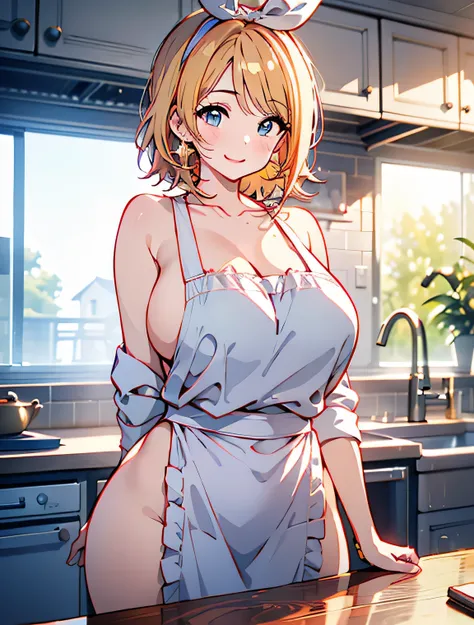 Erotic Anime Illustration、High resolution、Plump high school girl and young wife who flirt in the kitchen、lovelive、beautiful eyes、Kagamine rin、naked apron、ecstatic expression、Overwhelming huge breasts that go beyond common sense、thick legs with fat、perfect ...