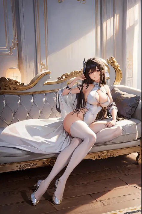 
araffe woman sitting on a couch with a breast, gorgeous chinese model, sexy girl, elegant seducing pose, japanese goddess, smooth white tight clothes suit, sexy gown, white silky outfit, cute elegant pose, sexy pose, very sexy pose, lovely languid princes...