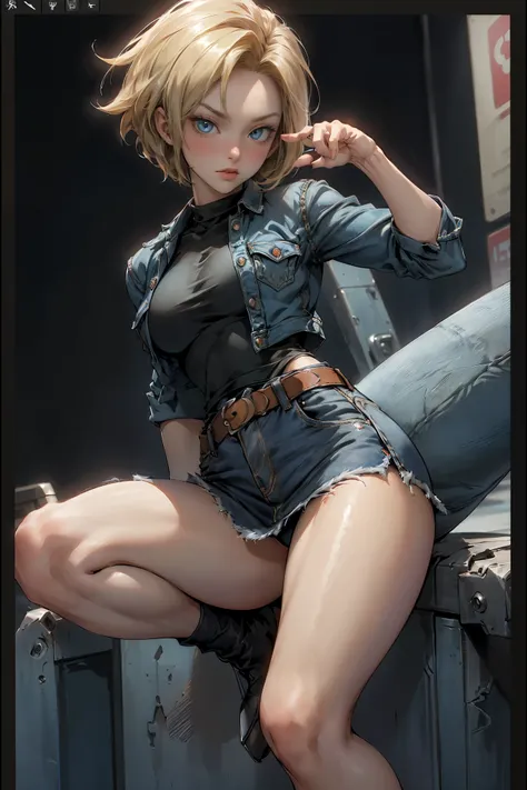 ((masterpiece, highest quality, Highest image quality, High resolution, photorealistic, Raw photo, 8K)), Woman with blonde short hair and black top, denim mini skirt, android 18, anime girl, (She is wearing a short skirt, a long-sleeved shirt, and a Slim D...