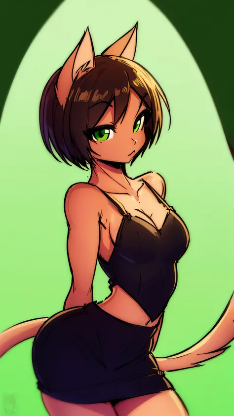 cute female anthro cat girl, skinny, short brown hair, green eyes, small breasts, short skirt, black bralette