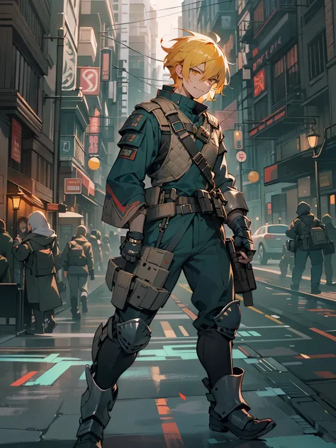 1male, Young Adult, Light Yellow Hair, Crimson Red Hair, Two Toned Hair, Short Hair, Yellow eyes, Disheveled Hair, Radiant, Smirk, Masculine, Beautiful Lighting, City, Military Combat Clothing , Black and Blue Clothing, Armored Clothing, Walking On Path