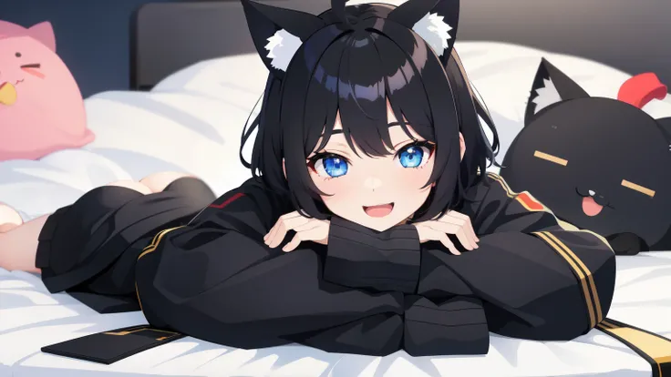 looking at the viewer, 1 girl, open your mouth, smile, Virtual YouTuber、with a girl、((highest quality, expensive_solve, clear_image)),(black hair), (black cat ears), (Ahoge), (ridiculously short hair), (wavy hair), (blue eyes)、very big breasts,Dressed in J...