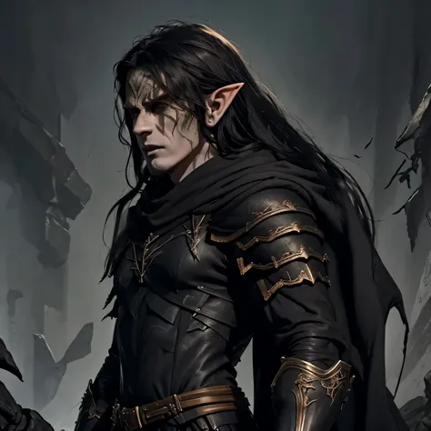 full body image of a menacing pale elf with a scar on his face that shows his teeth and jaw with long black hair wearing black leather armor, roupas pretas, manto preto