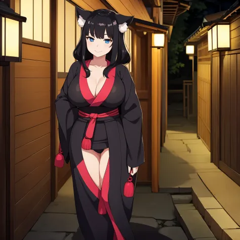 A woman with short black kimono, long black hair, neko ears, blue eyes, smiling, big breasts, outside a traditional Japanese house at night.
