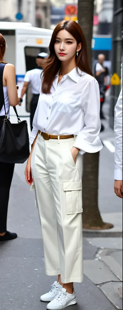 1 beautiful lady on the street, cool cordinate, white blouse, oversize-cargo pants, masterpiece, UHD, asian, distinct facial features